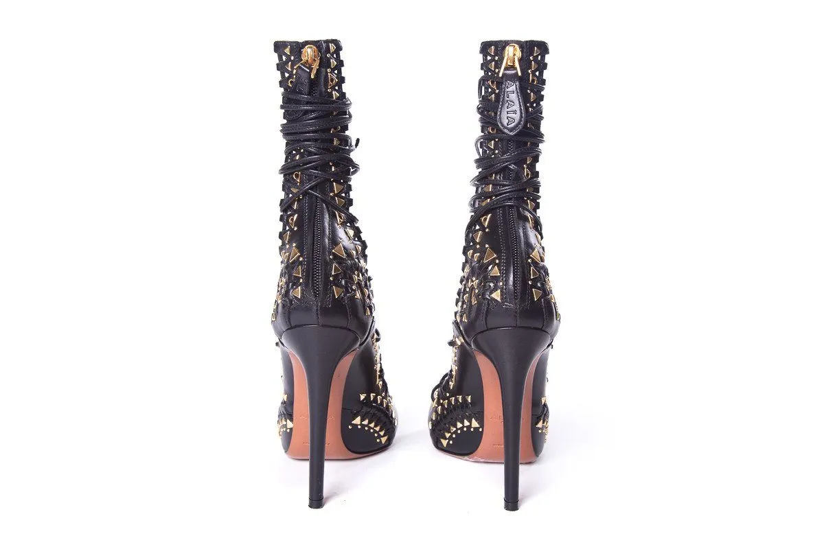 Alaa Black Leather & Gold Studded Peep-Toe Lace Up Heels SZ 37