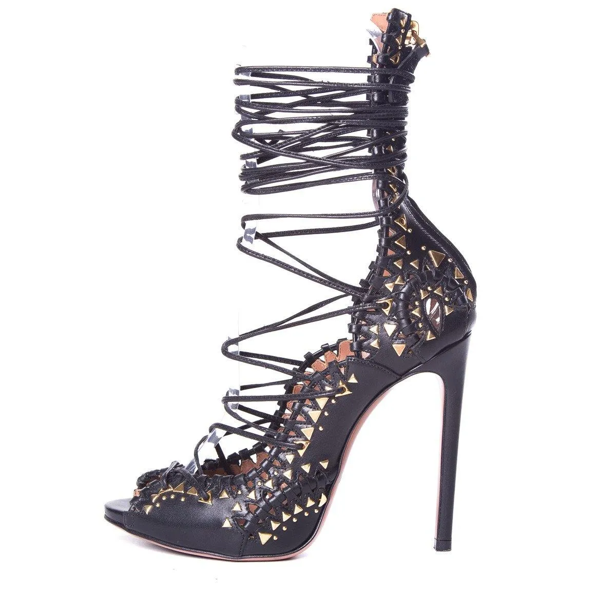 Alaa Black Leather & Gold Studded Peep-Toe Lace Up Heels SZ 37