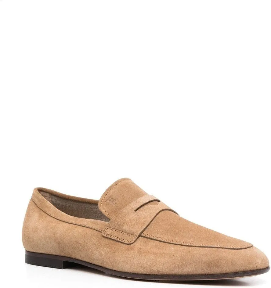 ALMOND TOE PENNY LOAFERS, SAND BEIGE CALF LEATHER.