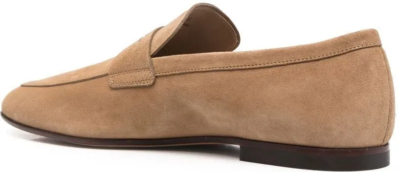 ALMOND TOE PENNY LOAFERS, SAND BEIGE CALF LEATHER.
