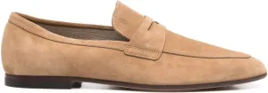 ALMOND TOE PENNY LOAFERS, SAND BEIGE CALF LEATHER.