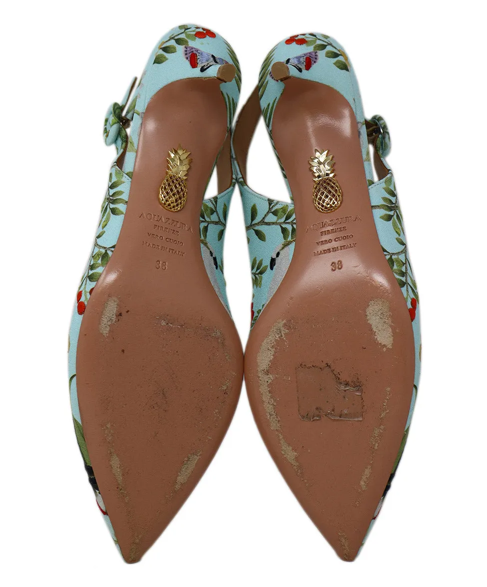 Aquazzura Aqua Silk Embroidered Slingbacks sz 8