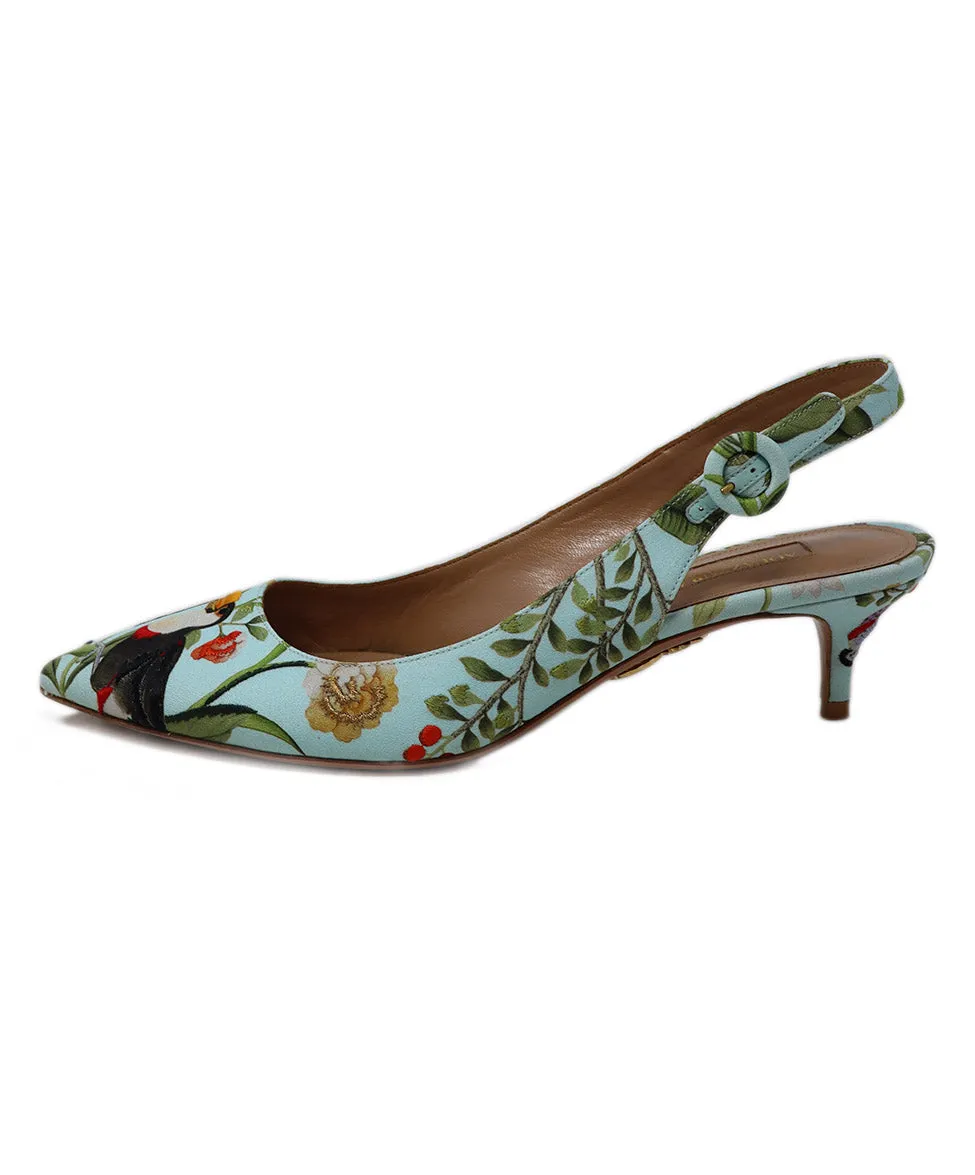 Aquazzura Aqua Silk Embroidered Slingbacks sz 8