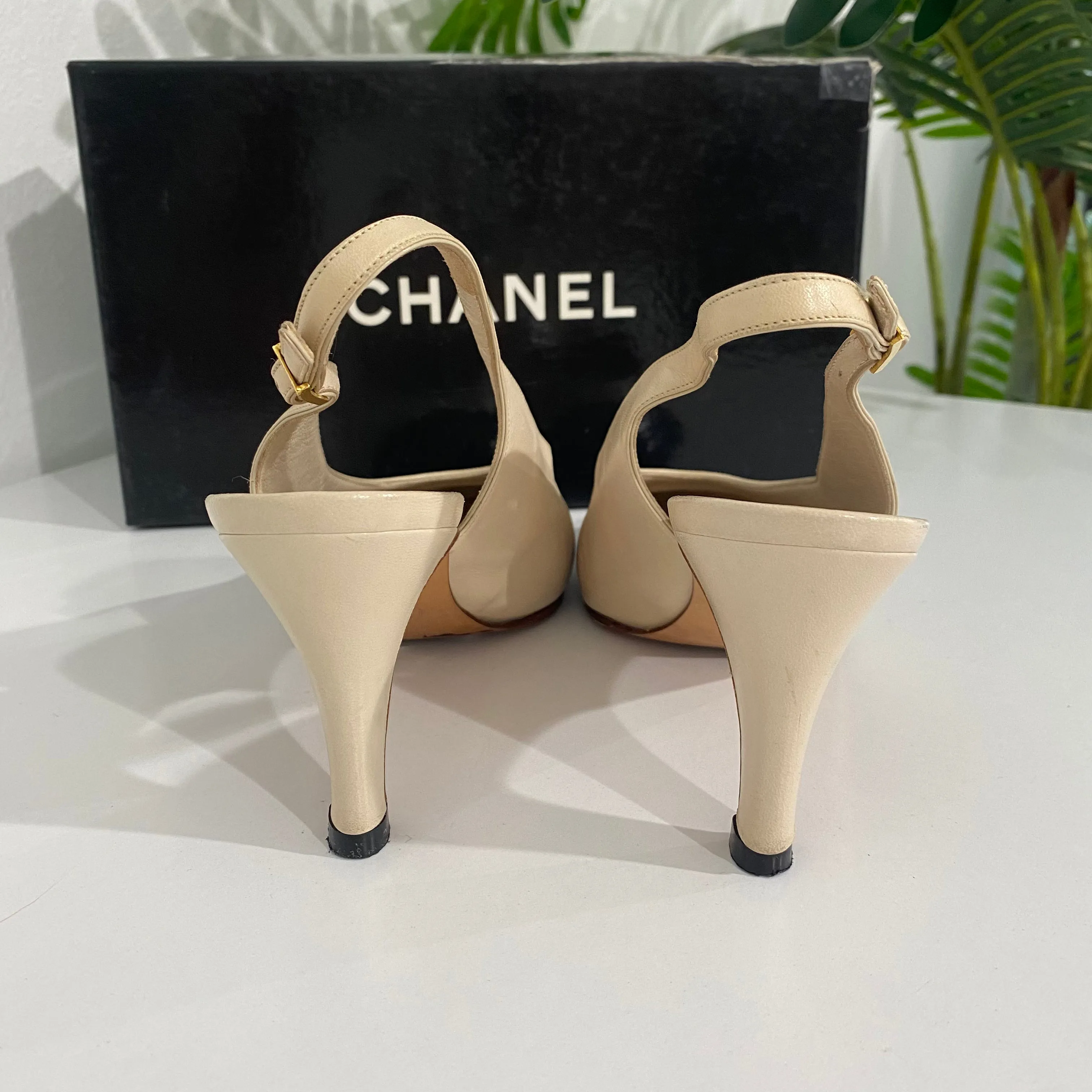 Chanel Beige/Black Cap Toe Slingbacks