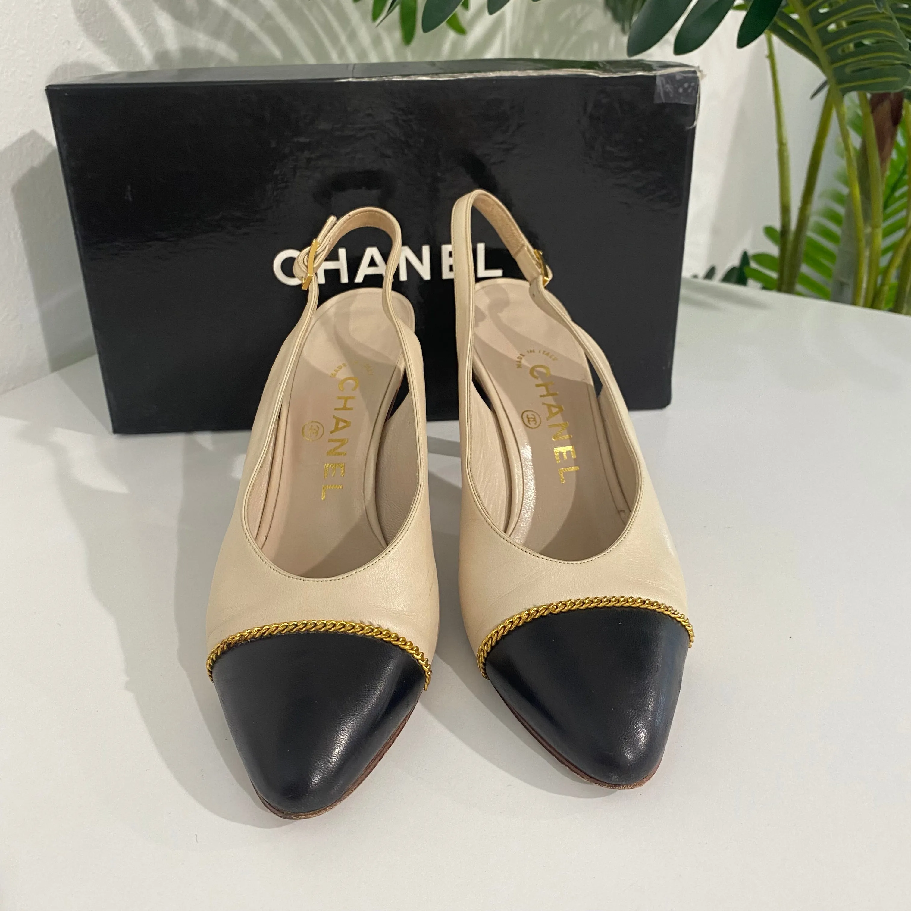 Chanel Beige/Black Cap Toe Slingbacks