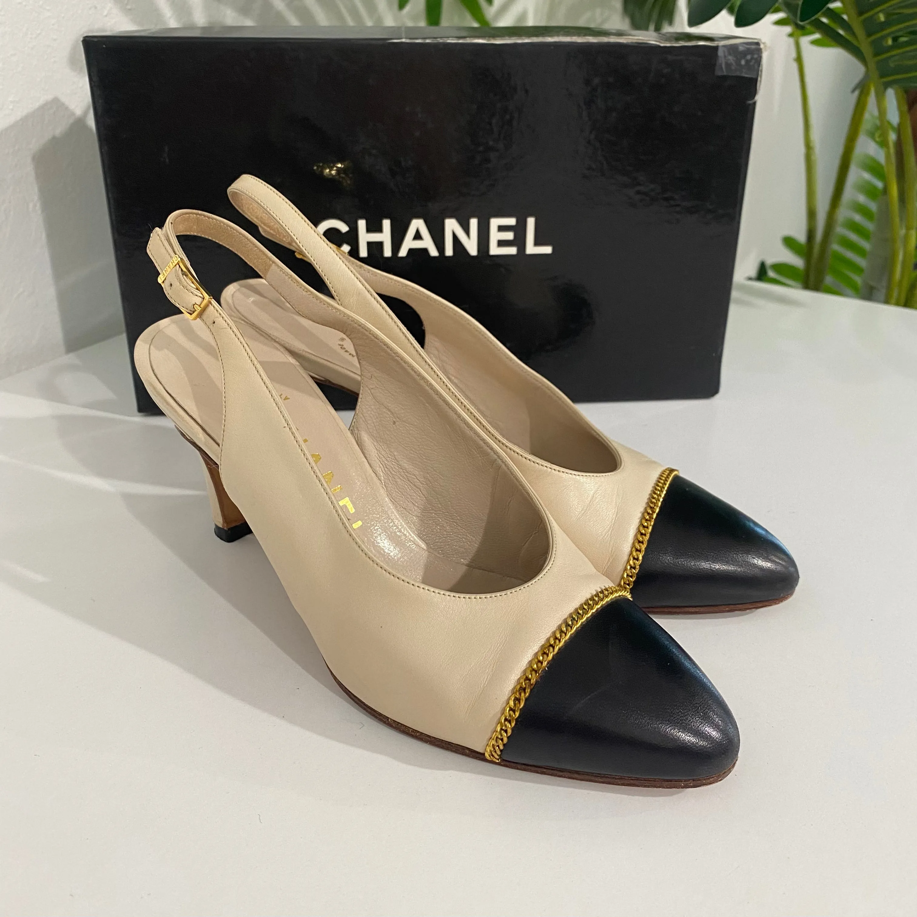 Chanel Beige/Black Cap Toe Slingbacks
