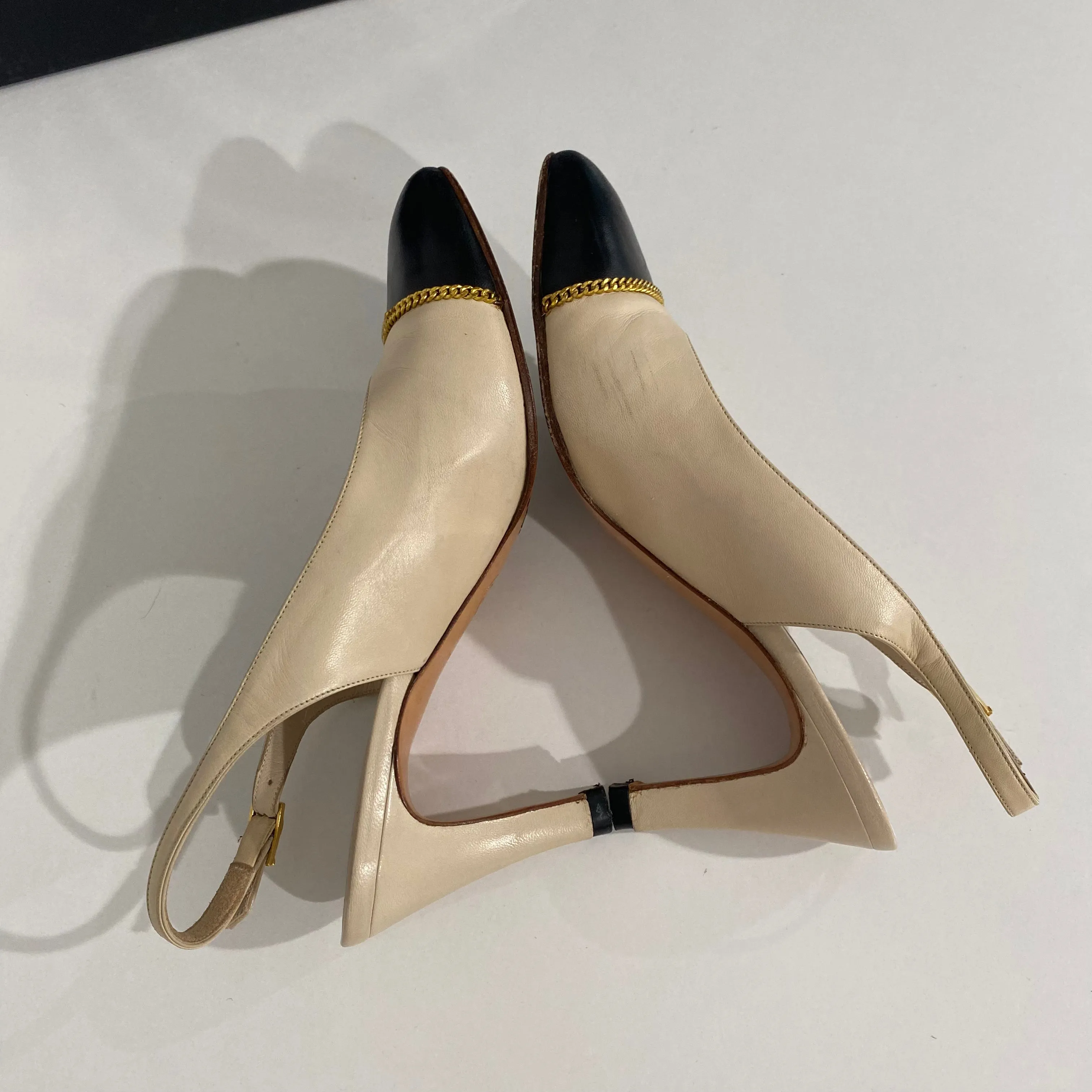Chanel Beige/Black Cap Toe Slingbacks