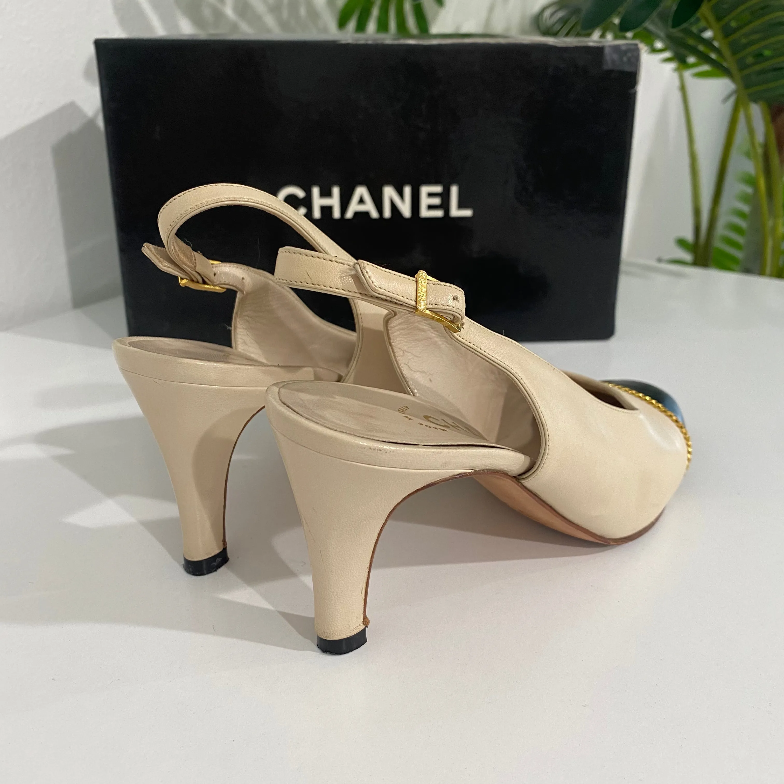 Chanel Beige/Black Cap Toe Slingbacks