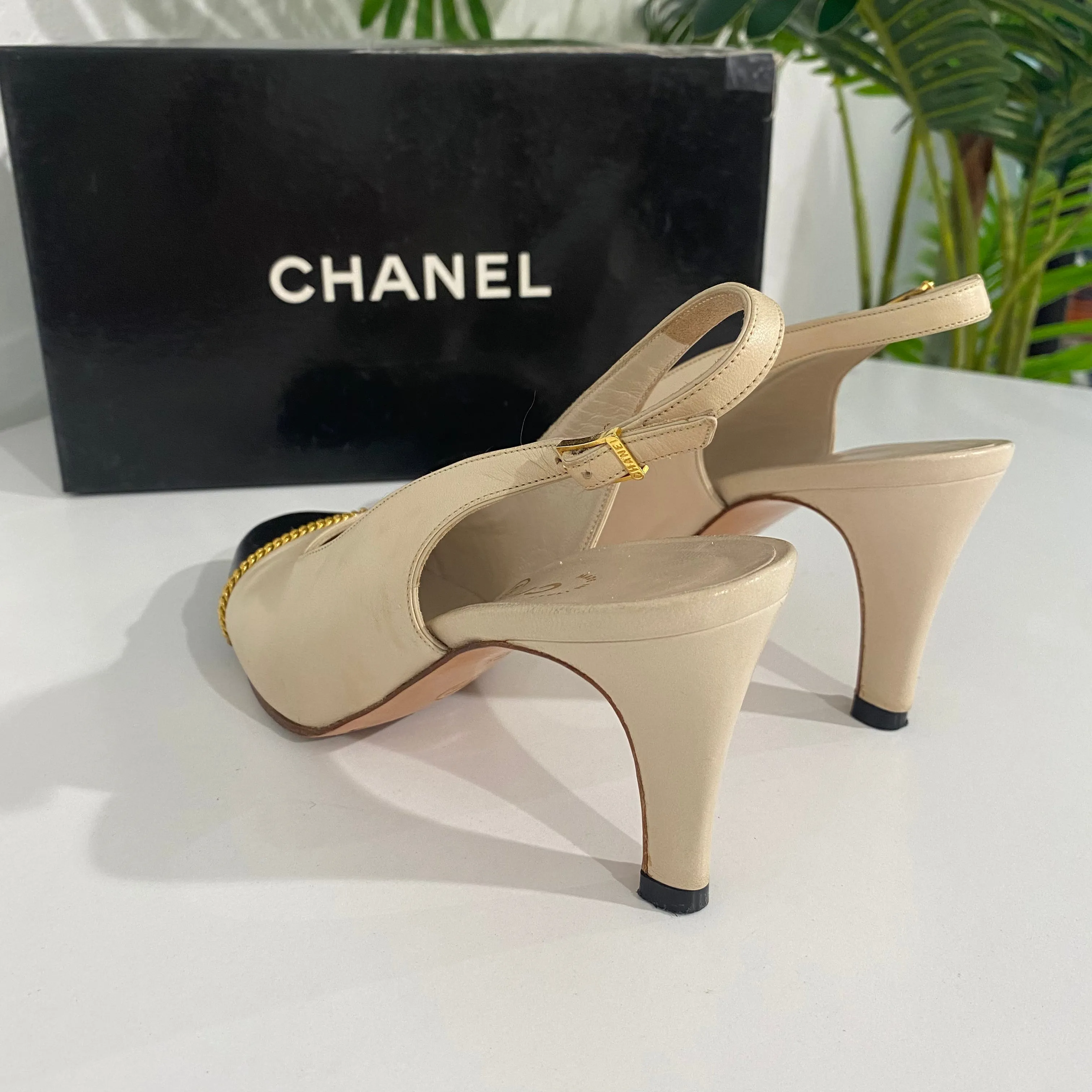 Chanel Beige/Black Cap Toe Slingbacks