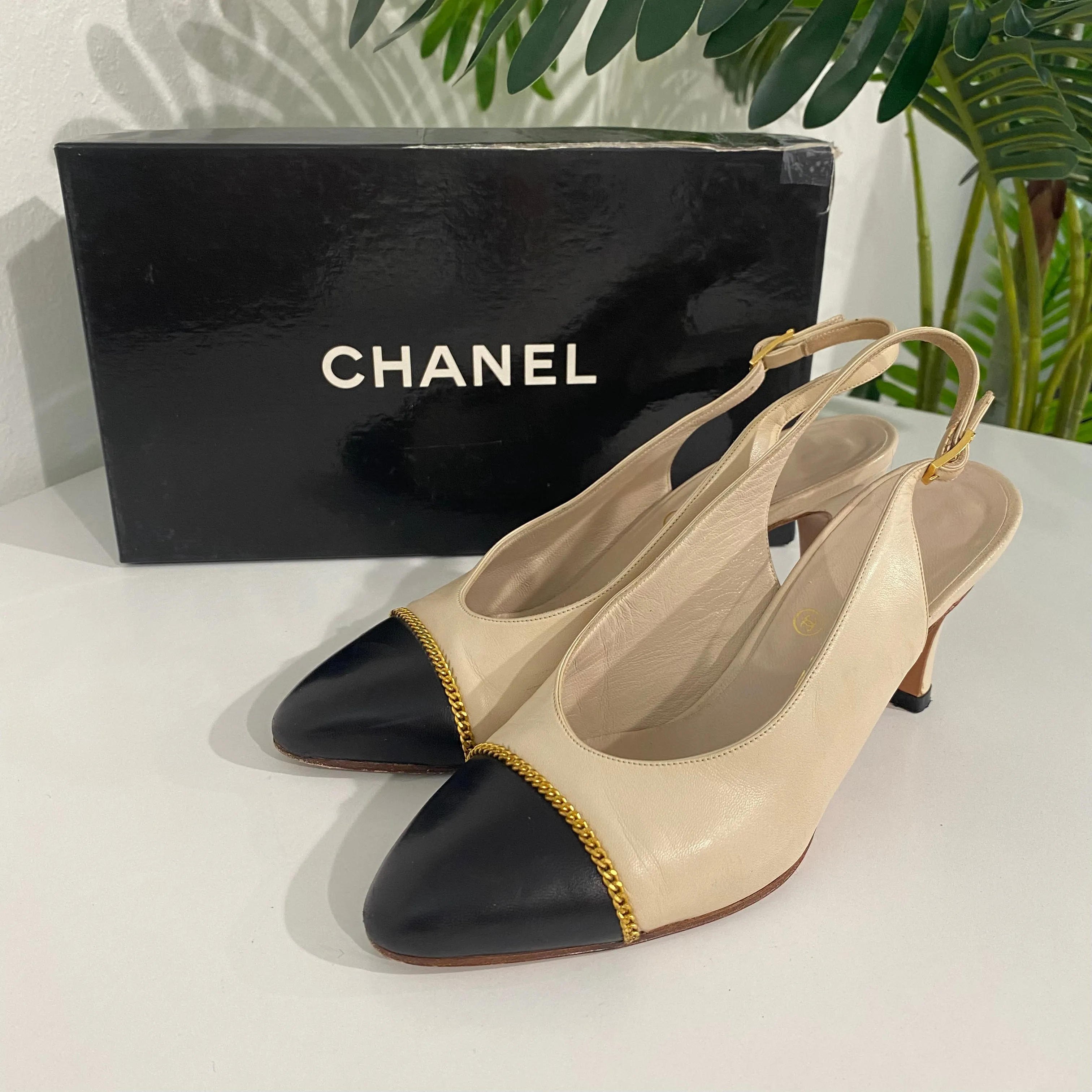 Chanel Beige/Black Cap Toe Slingbacks