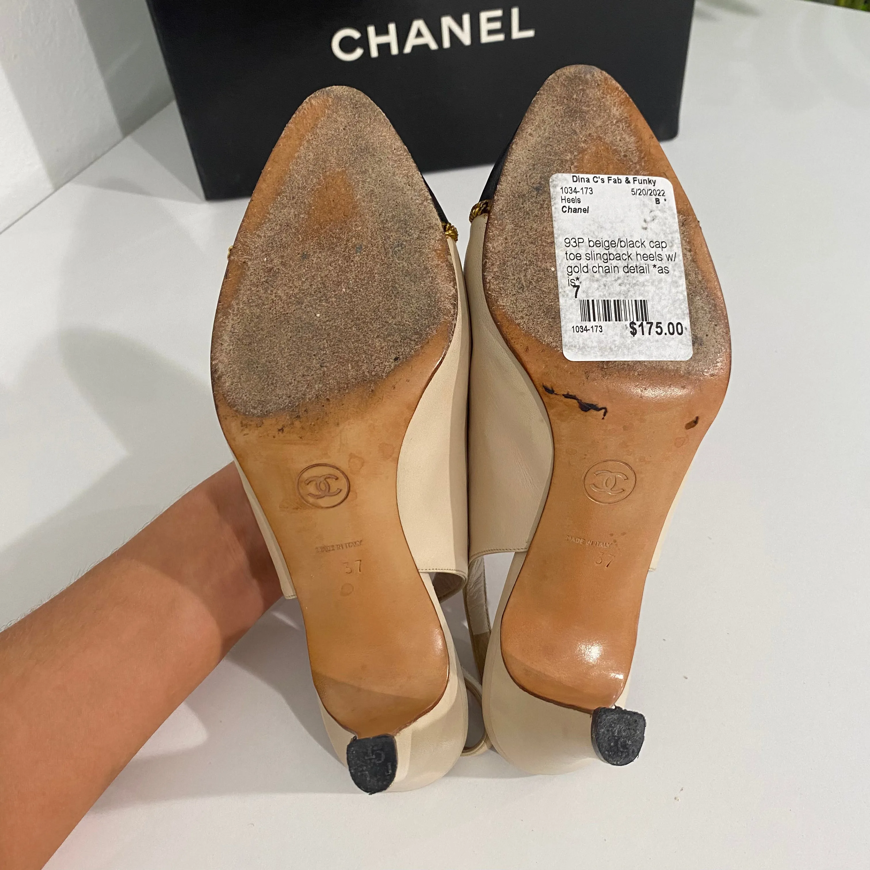 Chanel Beige/Black Cap Toe Slingbacks