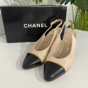 Chanel Beige/Black Cap Toe Slingbacks