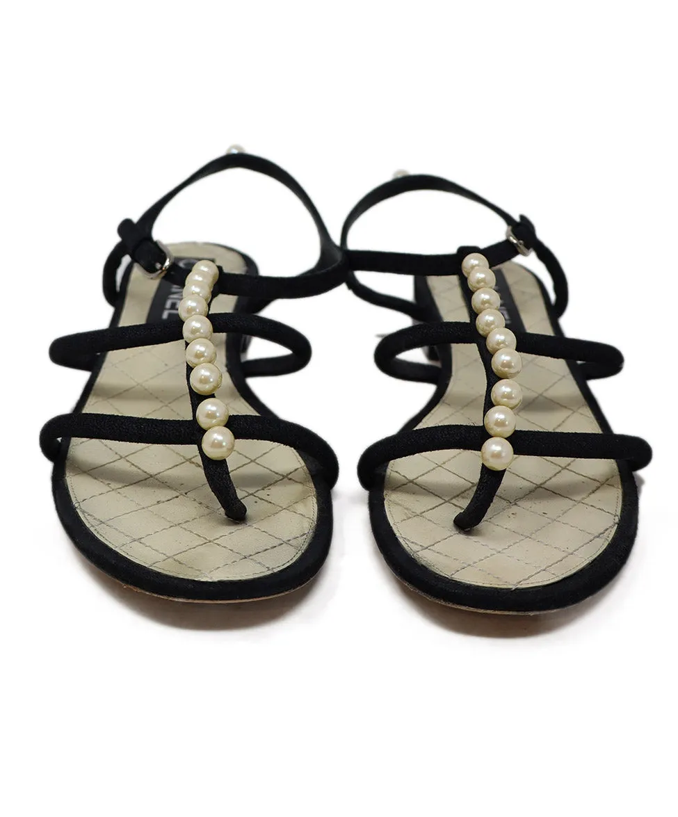 Chanel Black Suede Sandals w/ Pearl Trim sz 8