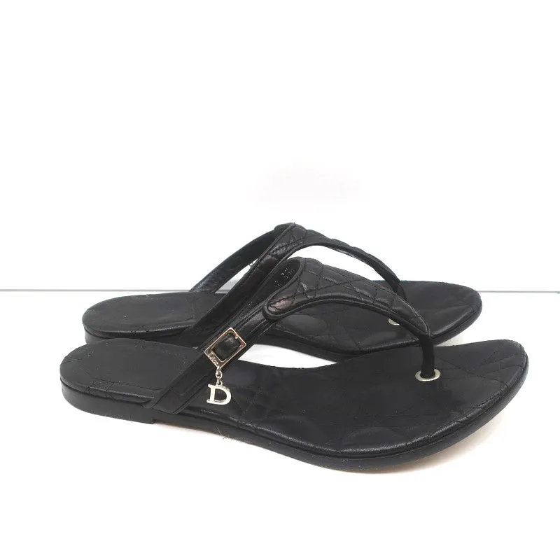 Christian Dior Cannage Thong Sandals Black Leather Size 35.5 Flat Slides