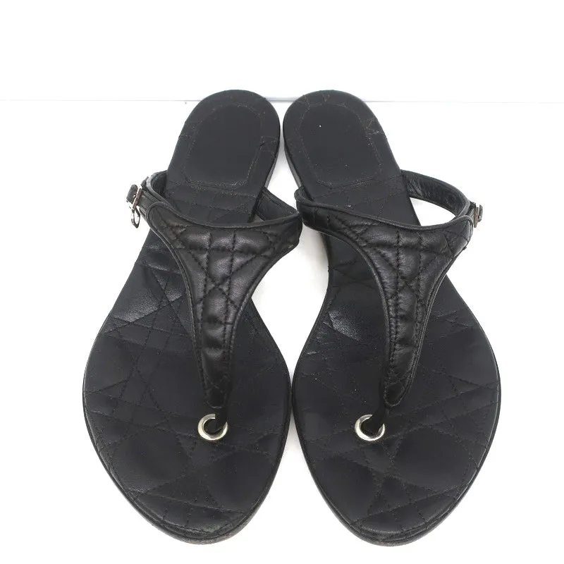 Christian Dior Cannage Thong Sandals Black Leather Size 35.5 Flat Slides