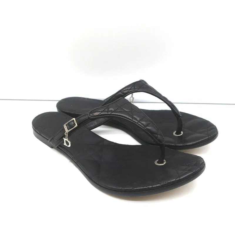 Christian Dior Cannage Thong Sandals Black Leather Size 35.5 Flat Slides