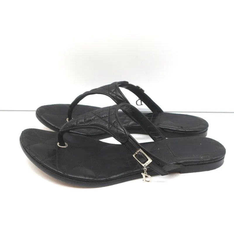 Christian Dior Cannage Thong Sandals Black Leather Size 35.5 Flat Slides