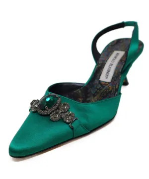 Manolo Blahnik Green Satin Rhinestone Heels sz 8