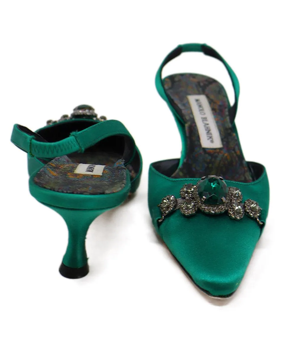 Manolo Blahnik Green Satin Rhinestone Heels sz 8