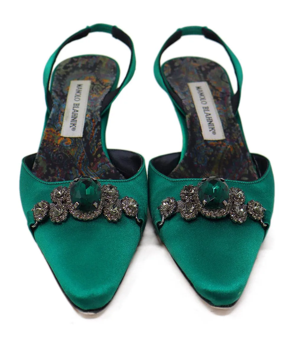 Manolo Blahnik Green Satin Rhinestone Heels sz 8